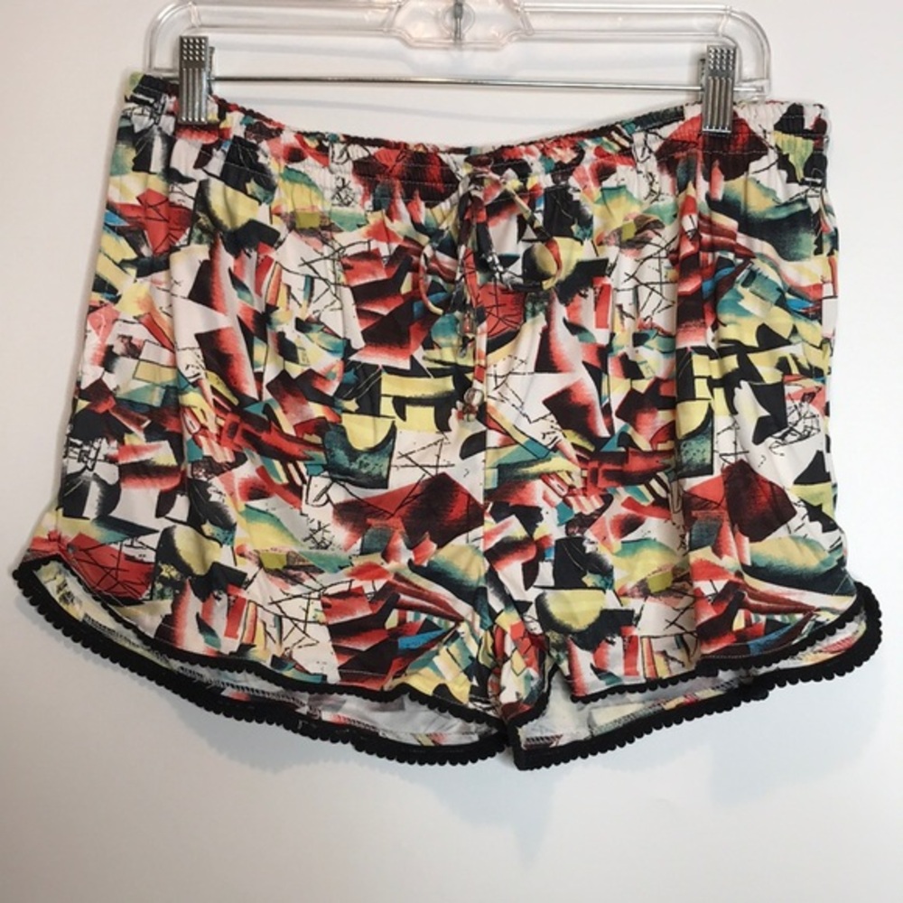 NWT Manhattan Blues Womens Stretch Shorts Geometric Elastic Waist Tie L LARGE